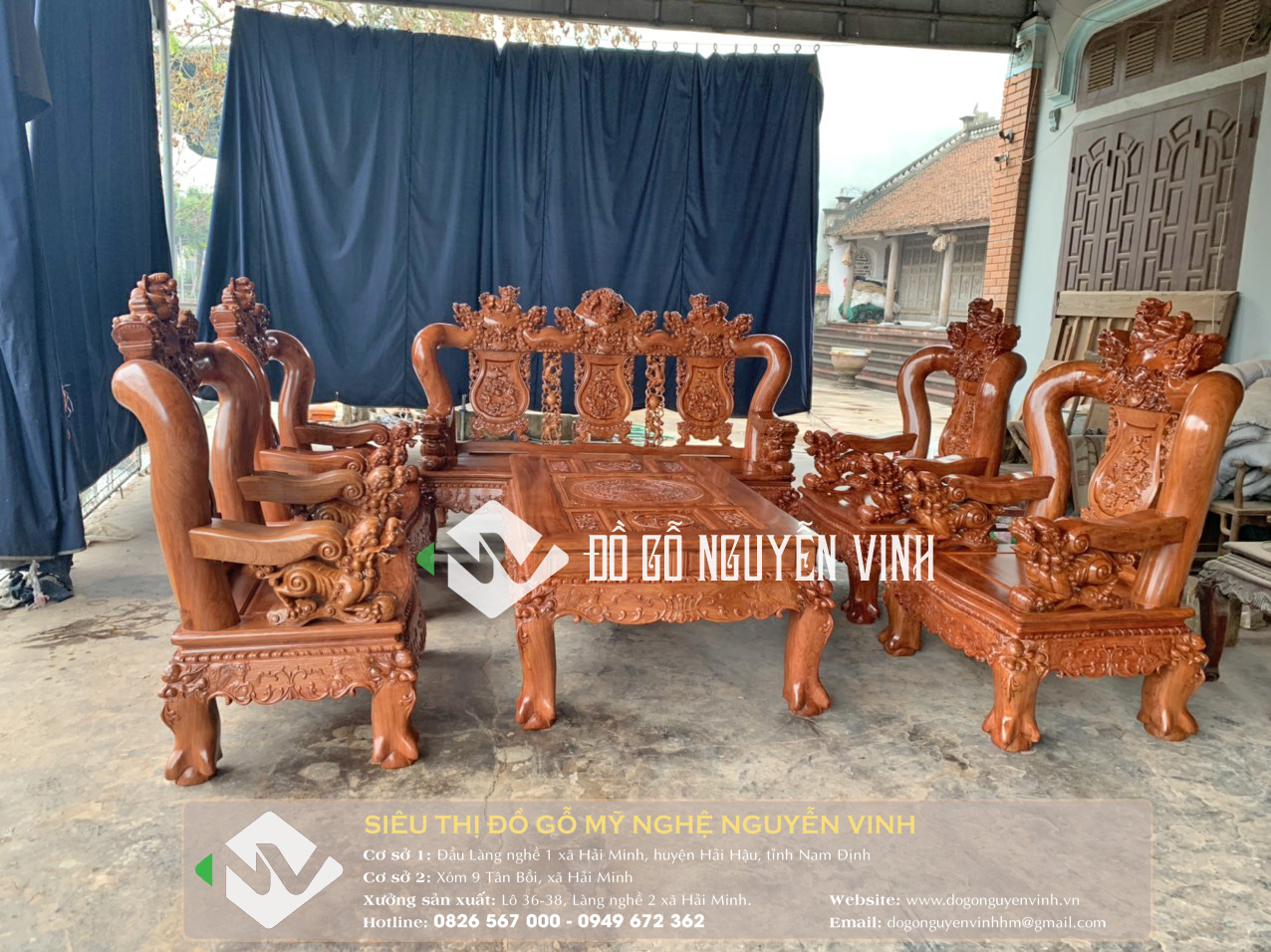 Bộ bàn ghế phòng khách Nghê đỉnh 10 món gỗ hương đá | Đồ Gỗ Nguyễn ...