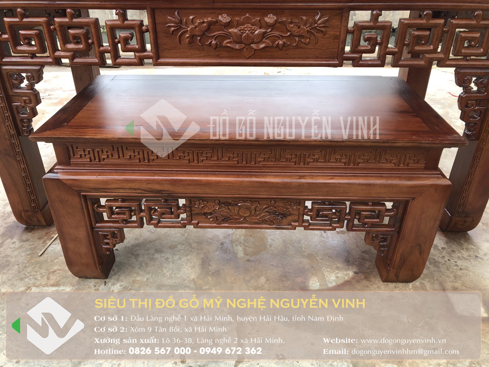 Bộ bàn thờ án gian và bàn cơm đục triện sen gỗ gụ