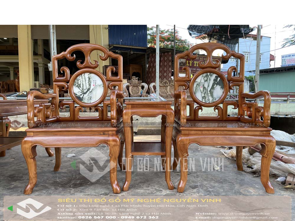 Bộ bàn ghế móc mỏ gỗ gõ đỏ tựa đá tự nhiên